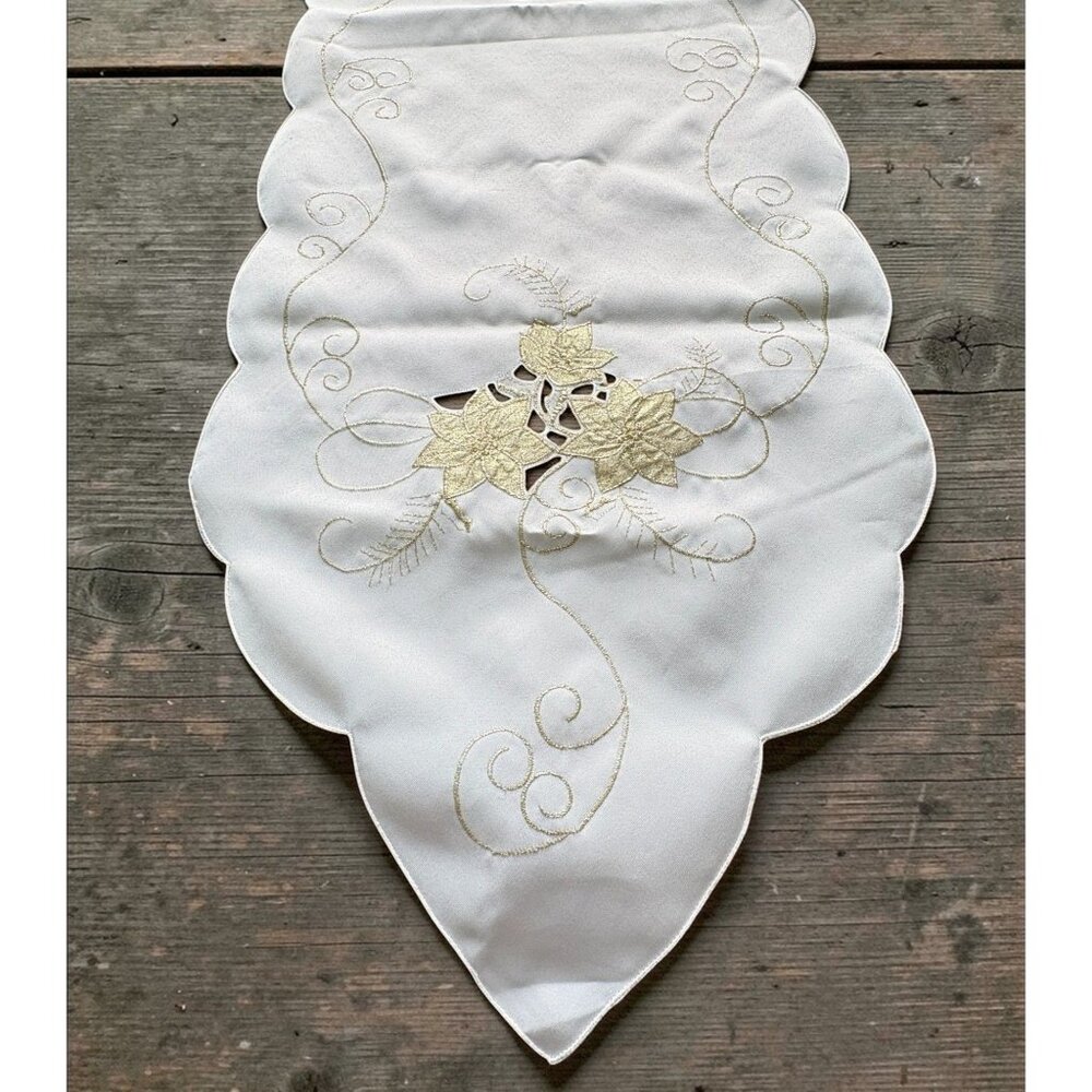 Sam Hedaya Table Runner White Gold Embroidered Floral Scalloped 88" Holiday